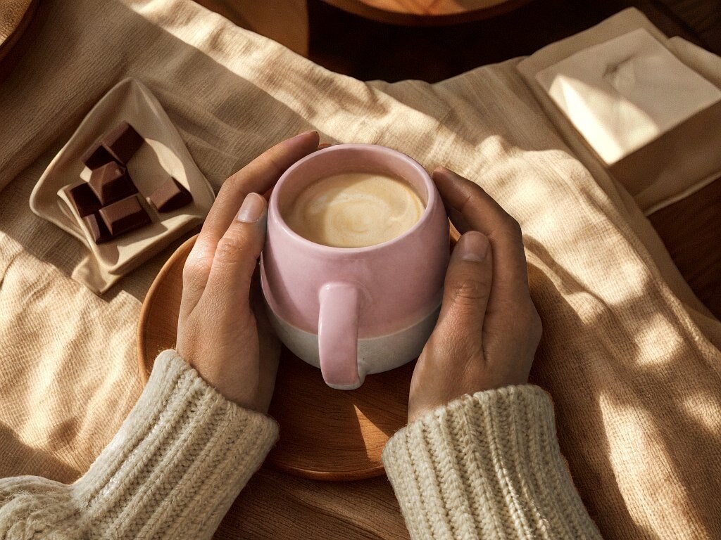 Dos manos con jersey de punto rodean la taza, junto a un platito con onzas de chocolate