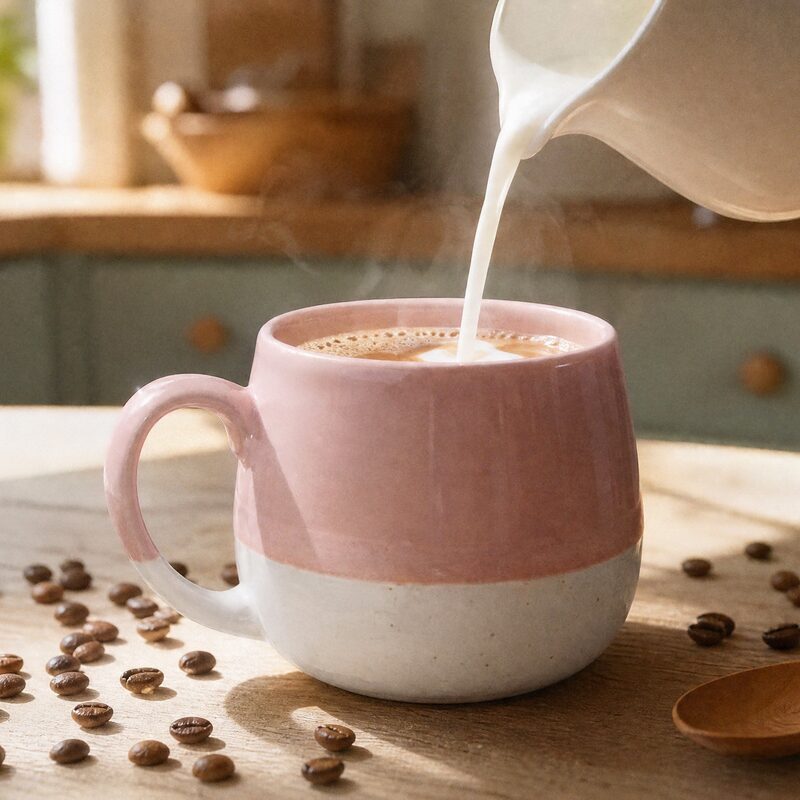 La misma taza con café, leche cayendo desde una jarrita blanca y granos de café sobre una mesa de madera