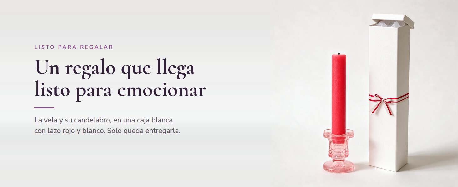 La vela junto a una caja de regalo blanca, alta y con lazo rojo y blanco. Texto: Un regalo que llega listo para emocionar