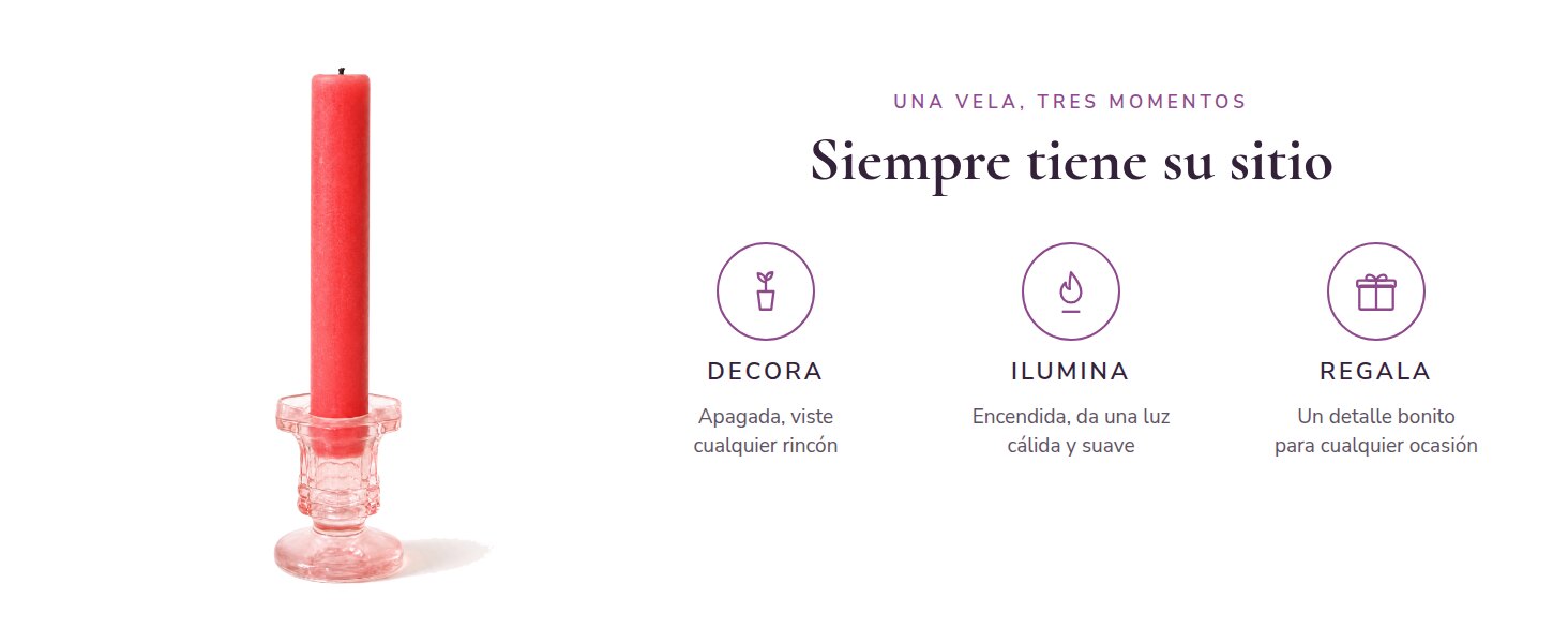La vela sobre fondo blanco con tres iconos: decora, ilumina y regala