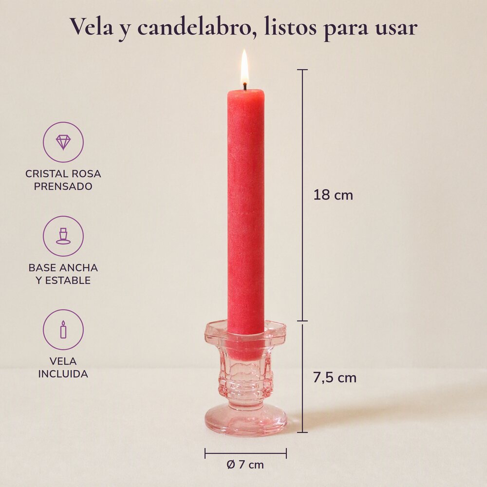 La vela con sus medidas y tres iconos: cristal rosa prensado, base ancha y vela incluida